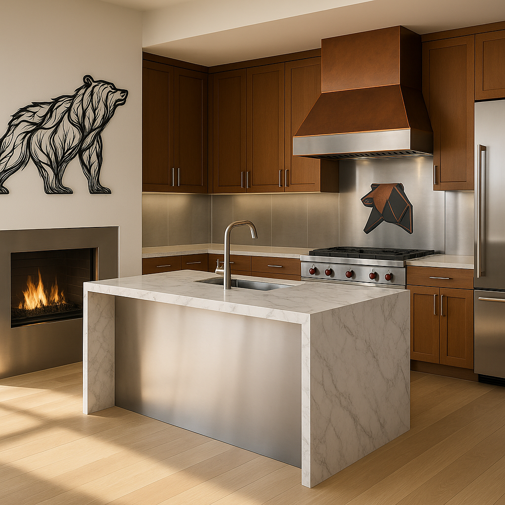 Interior design featuring unique metal art, modern stainless steel fireplace, a copper range hood, and stainless steel backsplash.