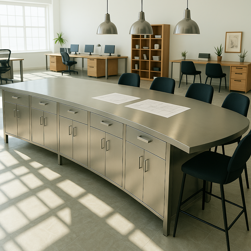 Custom stainless steel executive desk or conference table with integrated storage by Legacy Stainless Designs in a modern office.