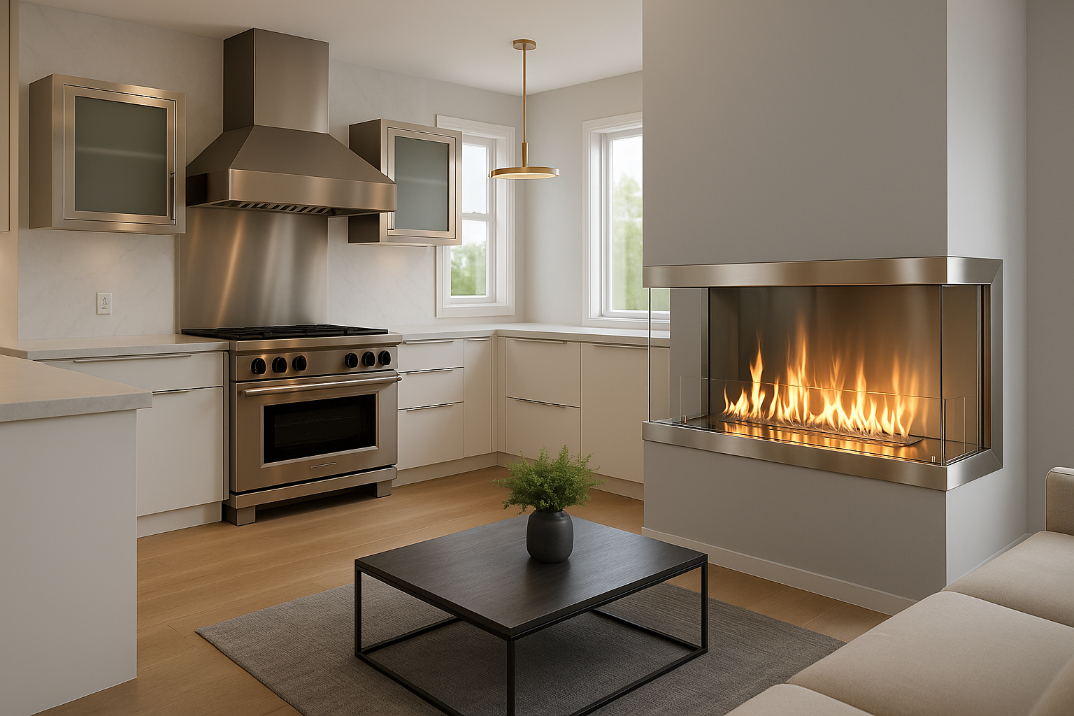 Unique metal fireplace with a three-sided glass enclosure and a custom stainless steel kitchen exhaust hood in a contemporary home, by Legacy Stainless Designs.